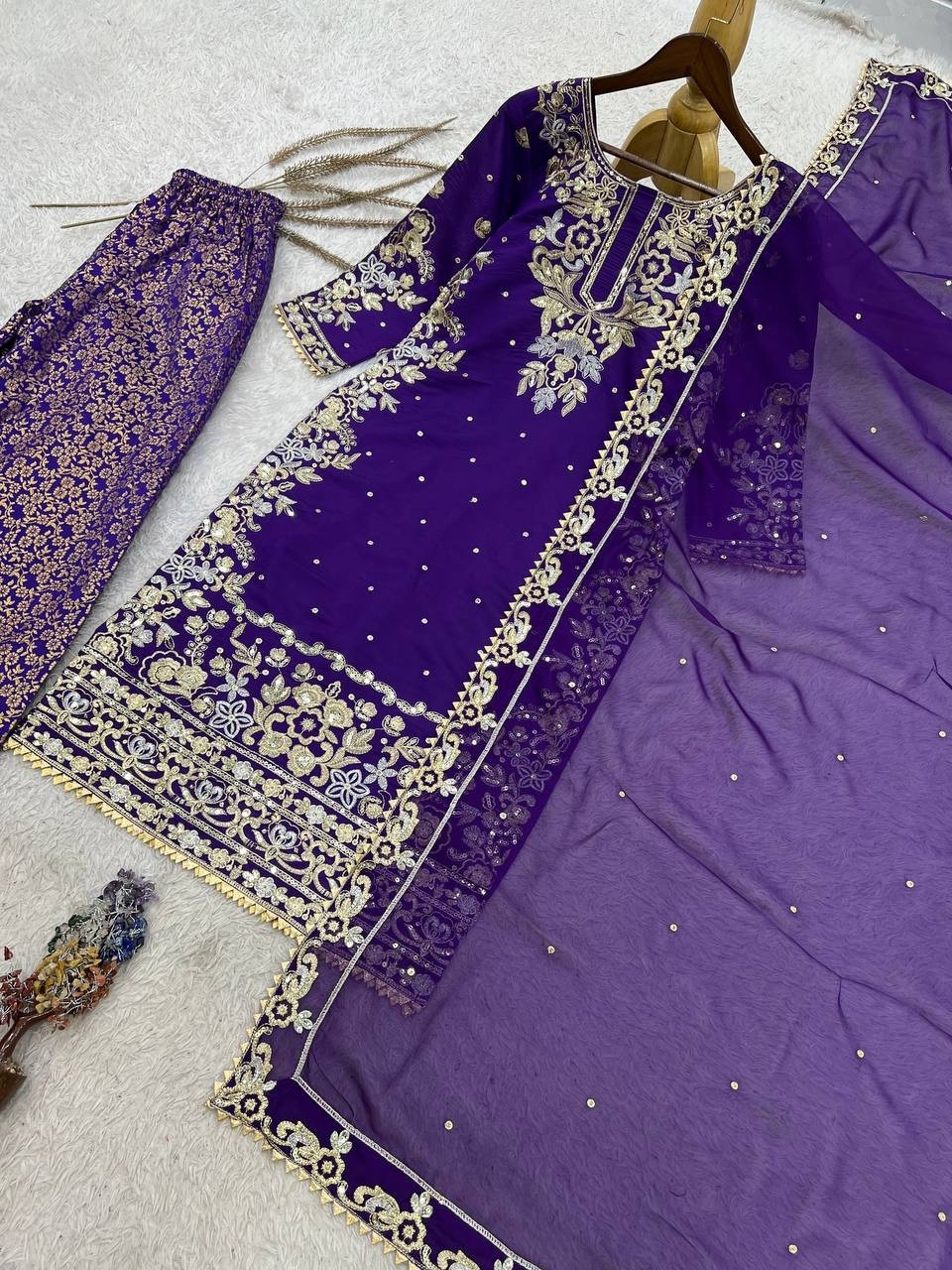 Presenting Heavy Roman Cotton Purple Top Palazzo With Dupatta Function Wear