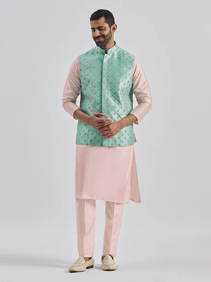 Men’s Mint Green And Pink Poly viscose Jacket, Kurta and Pyjama Set