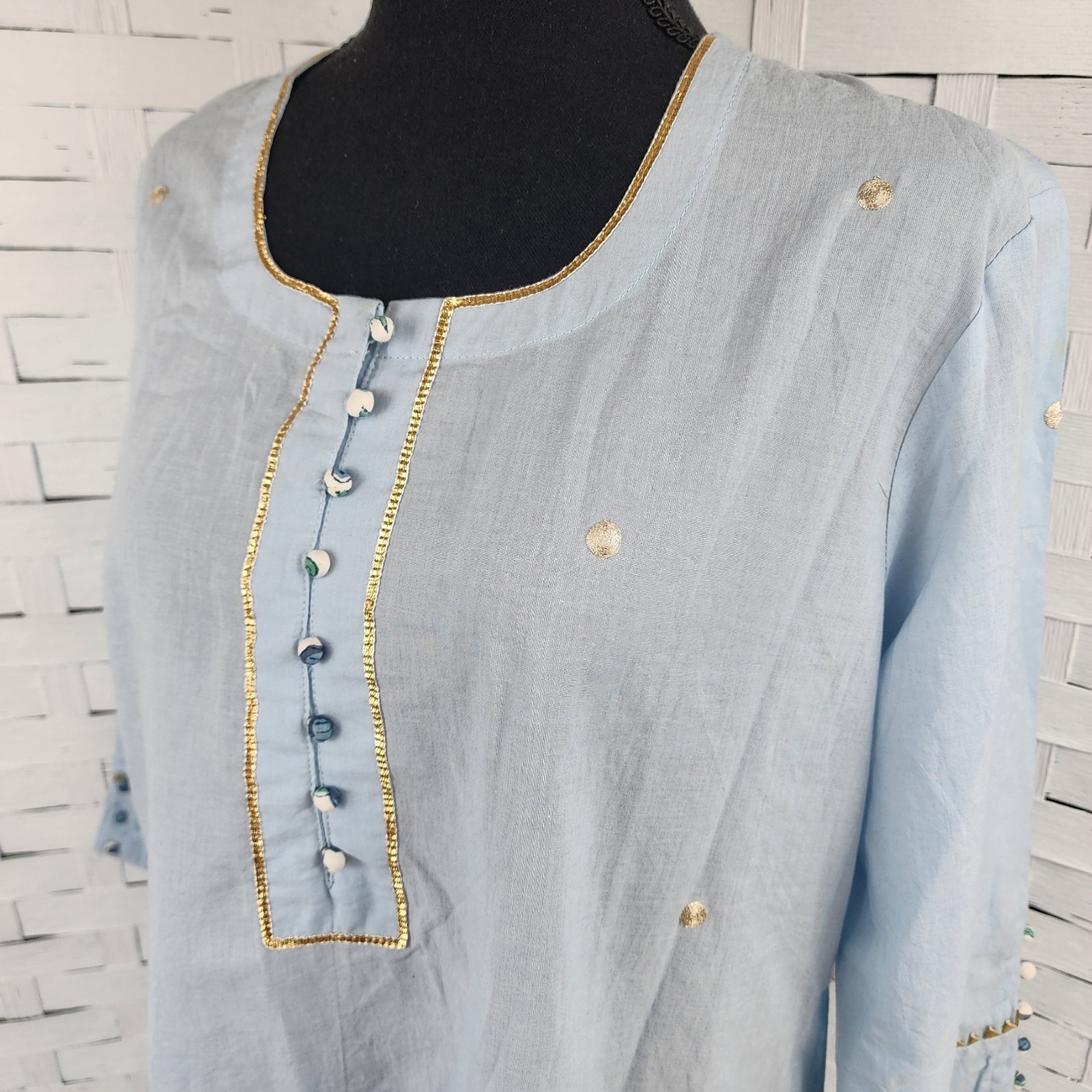 Maison Shefali Light Blue Gold Details Cotton Kurta 3XL
