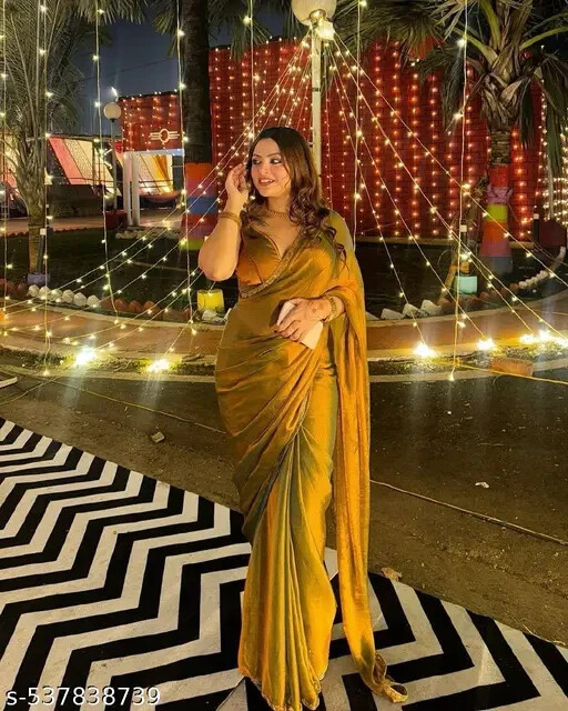 latest design party wear soft chiffon silk fabrics saree golden colour saree