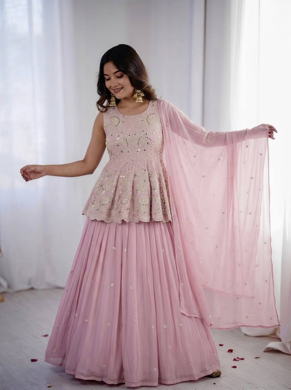 Unique Designer Pink Faux Georgette Silk Top Lehenga With Dupatta For Wedding