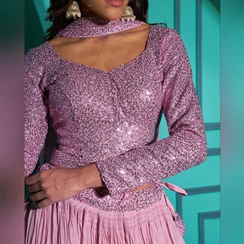 Georgette Pletting Pattern Lehenga Choli with Sequins-Thread Embroidered Pink