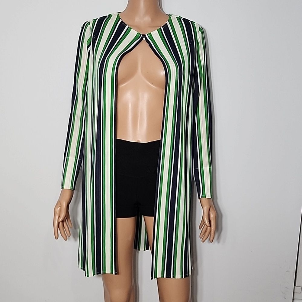 Chico’s Travelers Women’s Green Blue White Stripe Open Front Jacket Size 1 M