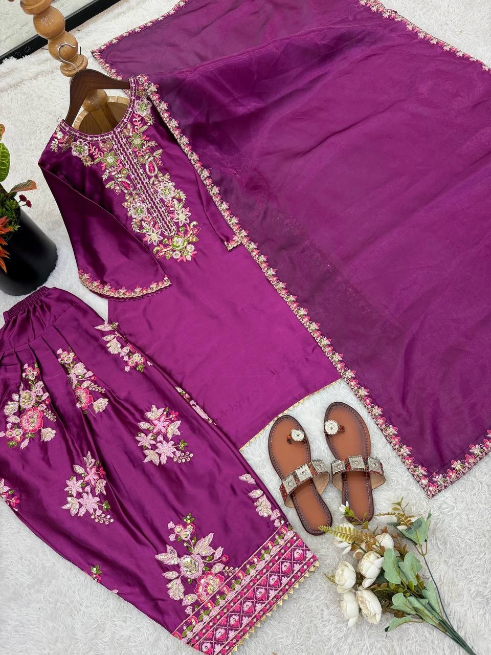 Beautiful Look French Crepe Wine Top Bottom With Dupatta For Festival Wear