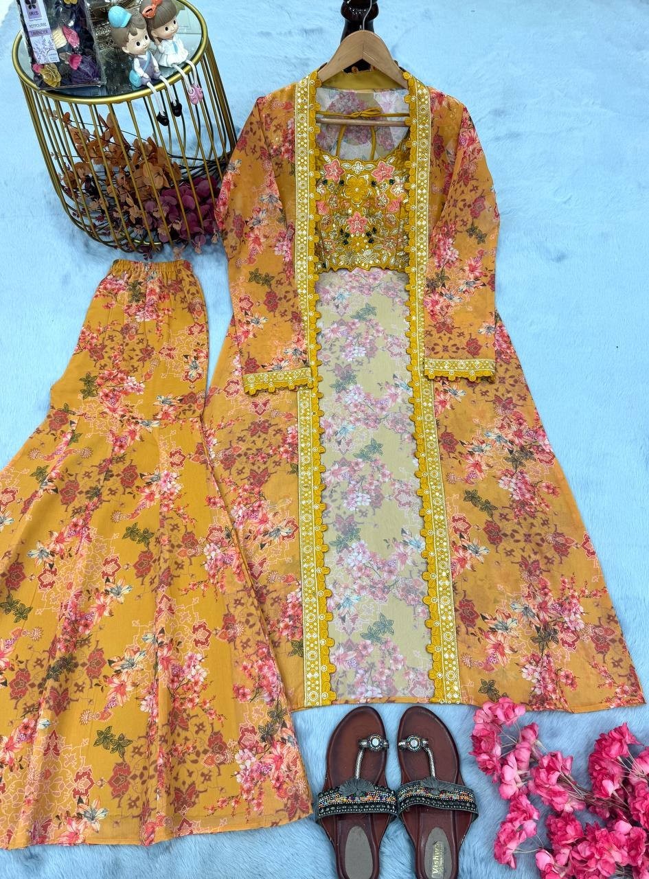 Elegant Look Yellow Faux Georgette Blouse Palazzo With Koti For Women & Girls