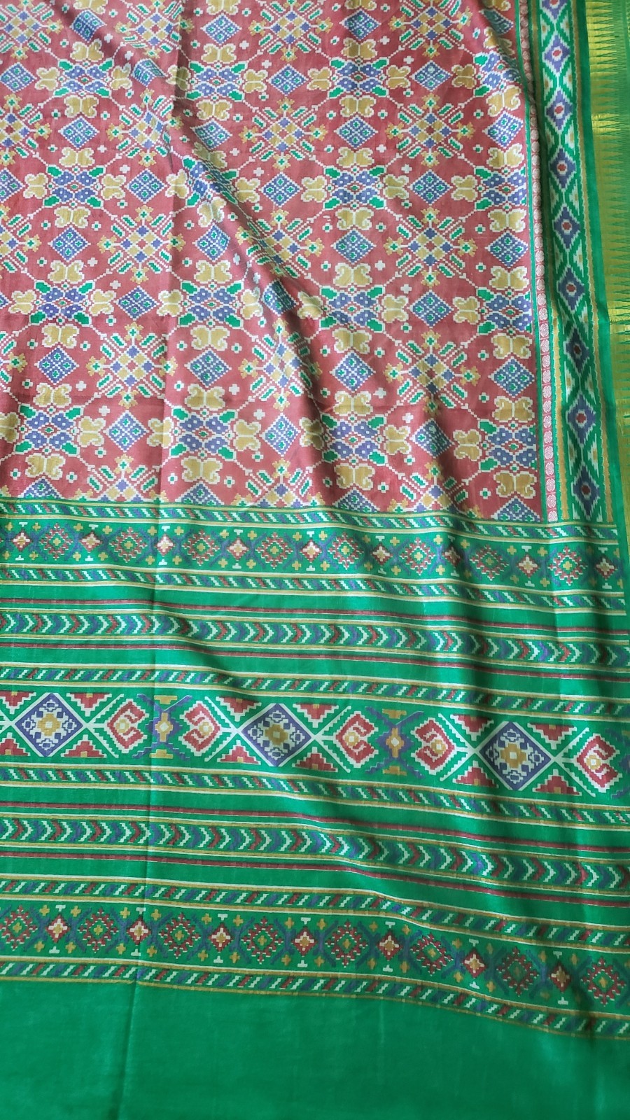 Saree Pochampally Ikkat Maroon and Green Running Blouse Party Festive Wear