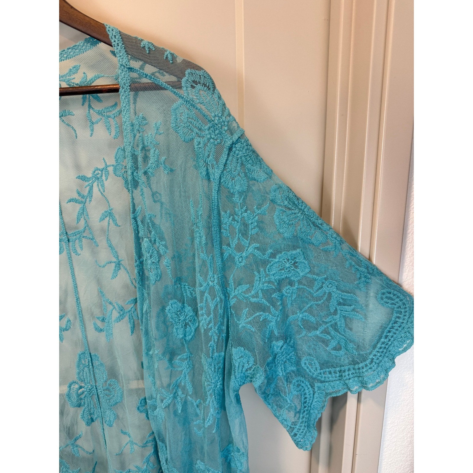 Woven Heart Aqua Floral Lace Long Kimono One Size Boho Cottagecore