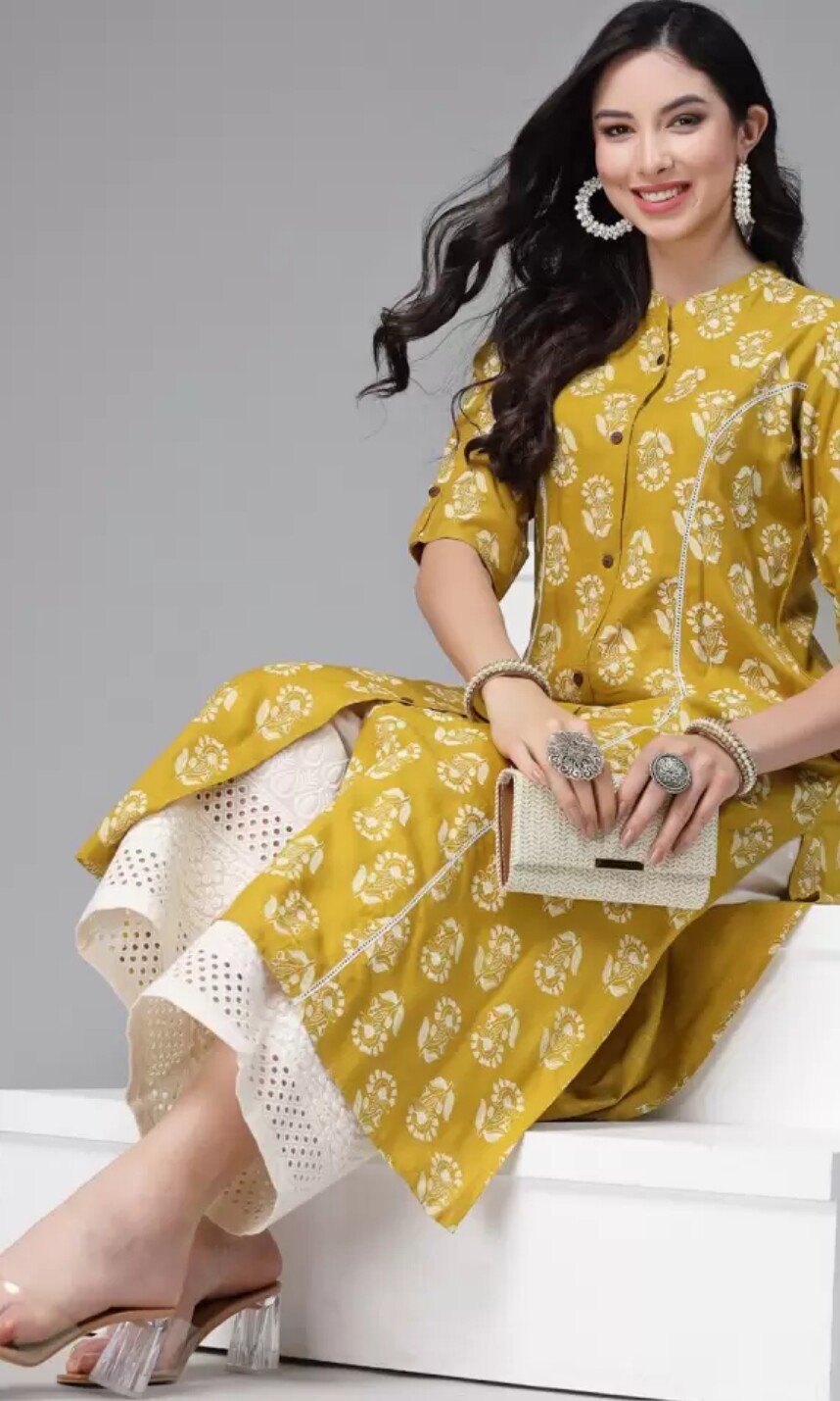Women Indian Kurtas ; Women Yellow Floral Printed button style A-line Kurta