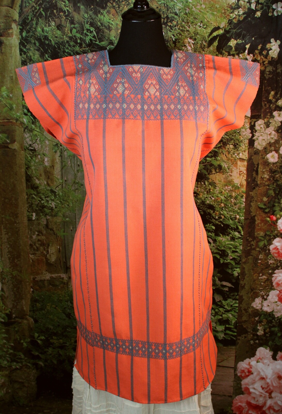 Huipil Salmon & Gray Striped Dress Handwoven Backstrap Loom Mayan Chiapas Mexico