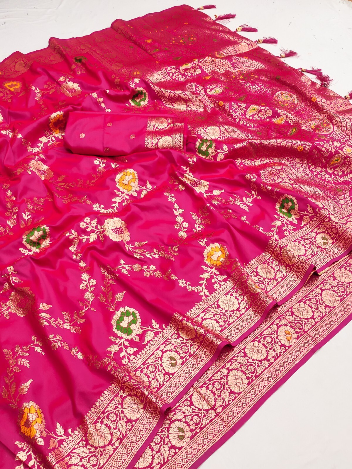 Women Sari Designer Meenakari Weaving Soft Banarasi Silk Indian Traditional Sari