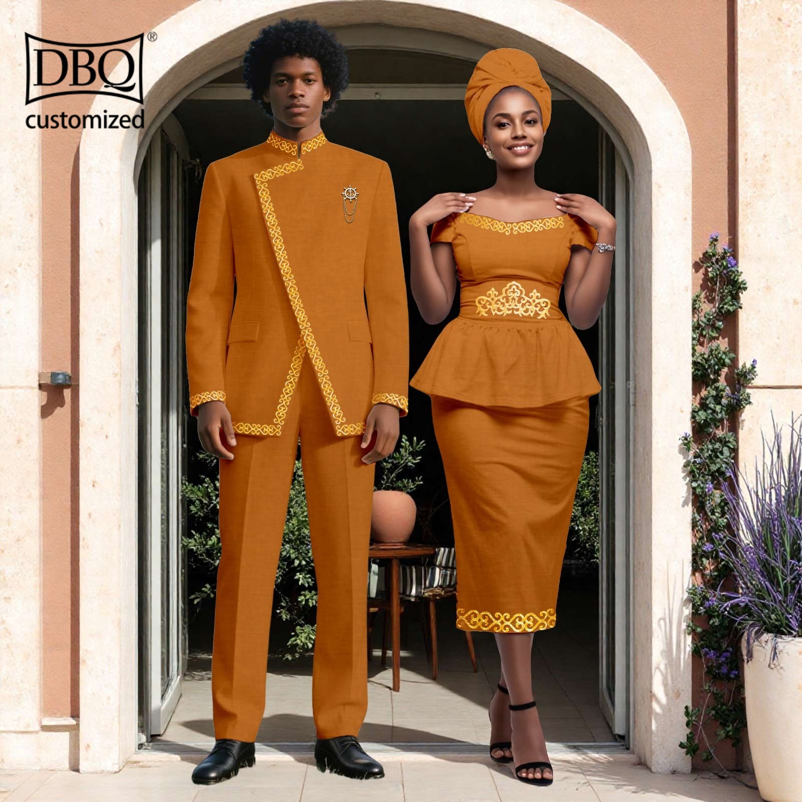 African Couple Wedding Clothes Solid Men Jacket Pants Set Women Shirt Skirt Set