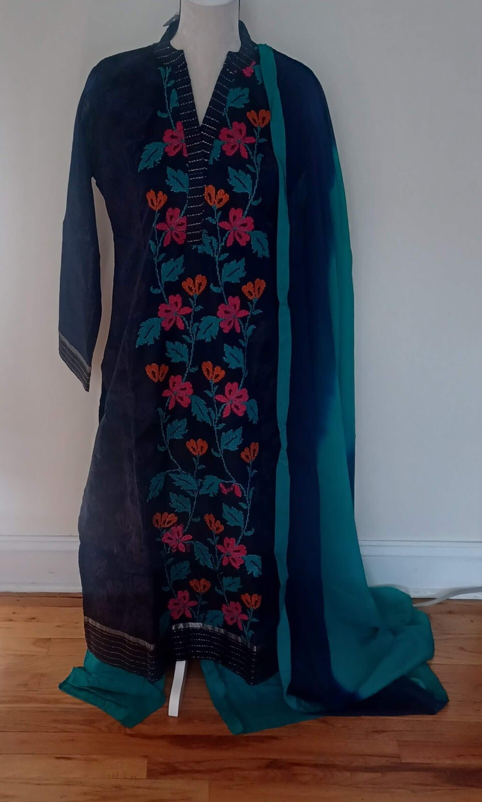New Navy Blue Silk Stitched Ready Made Salwar-Kameez Suit