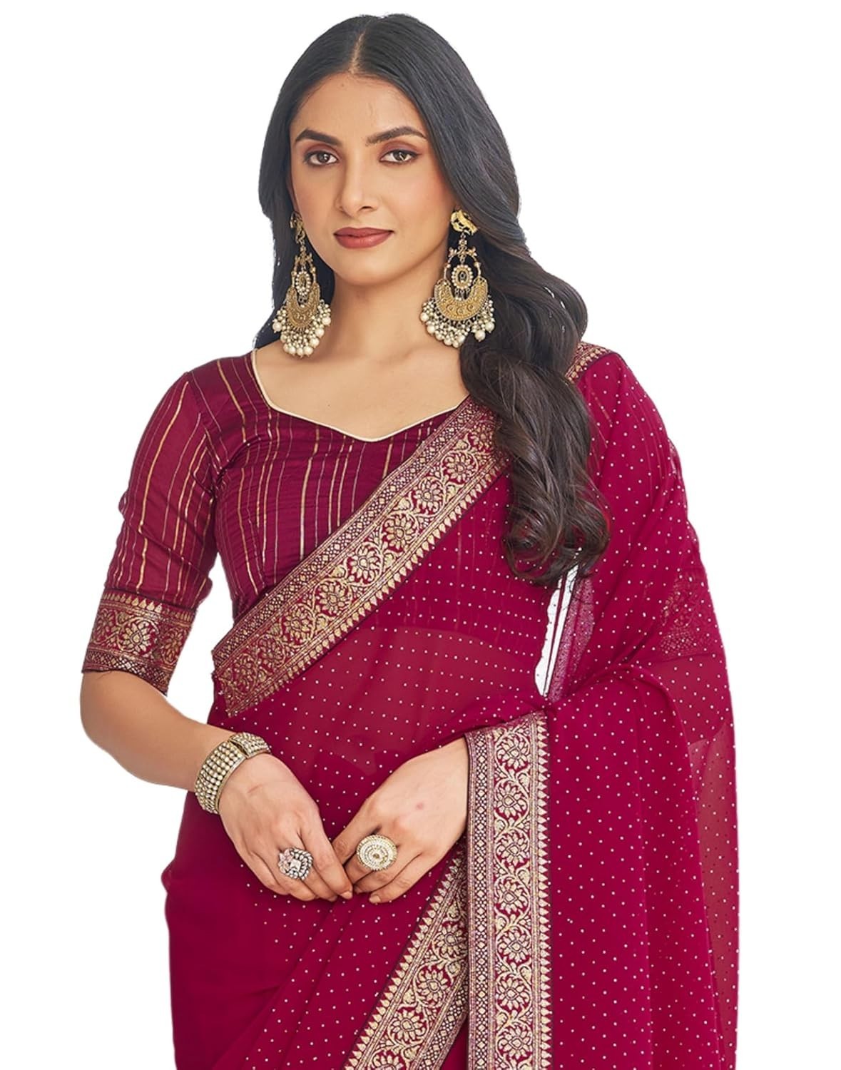 Women’s Georgette Hot Fixing Stone Work Saree With Unstitched Blouse Piece
