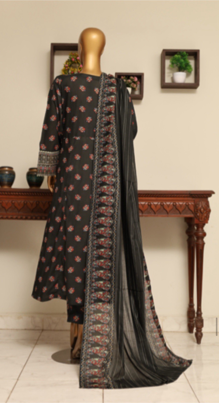 Black Pakistani Cotton Salwar Kameez with Floral Embroidery & Dupatta for Women