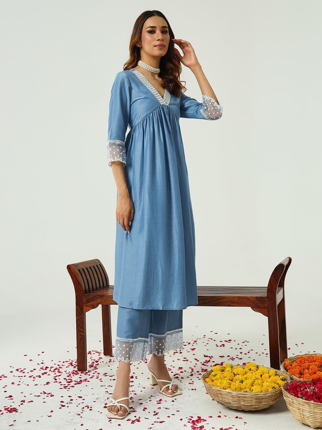 Women’s Silk Blend Embroidered Nayra Cut Kurta Palazzo With Dupatta Set