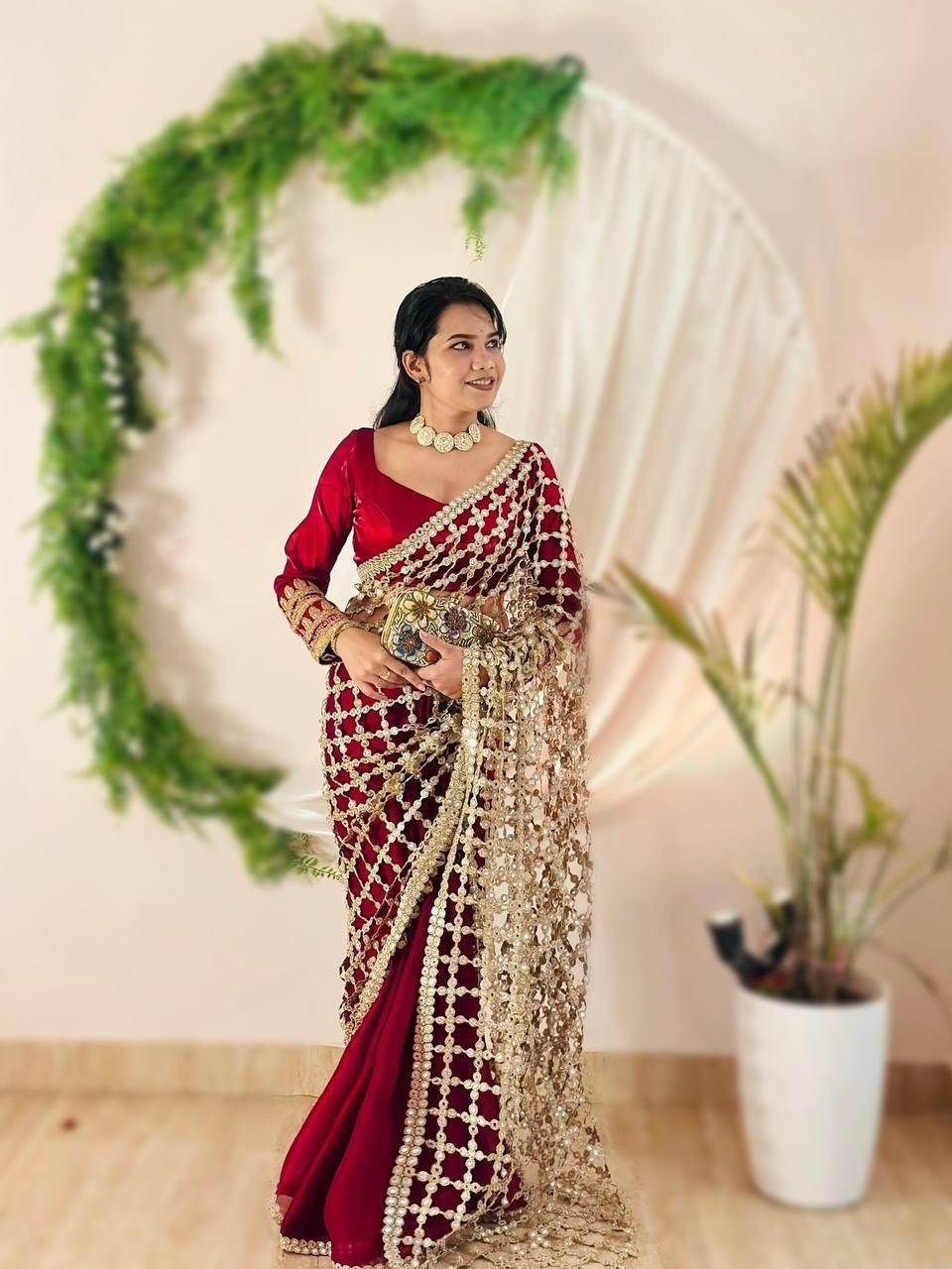 Designer Fendy Silk Red Color Saree with Mirror Work & Unstichhed Blouse