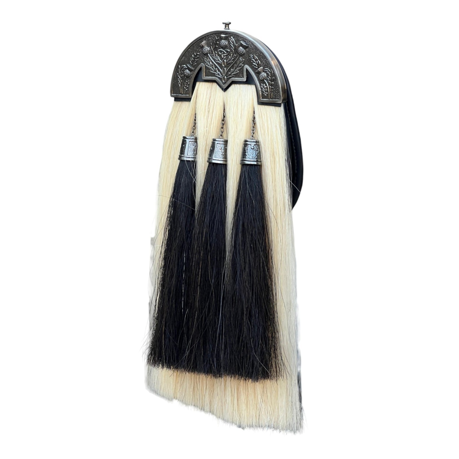 Scottish Horse Hair White Sporran Three Black Tassels Sporran With Chain & Belt