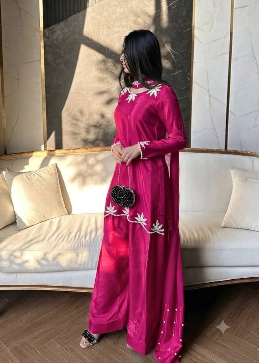 New Launch Rani Pink Crepe Silk Farshi Salwar Kameez With Dupatta For Women