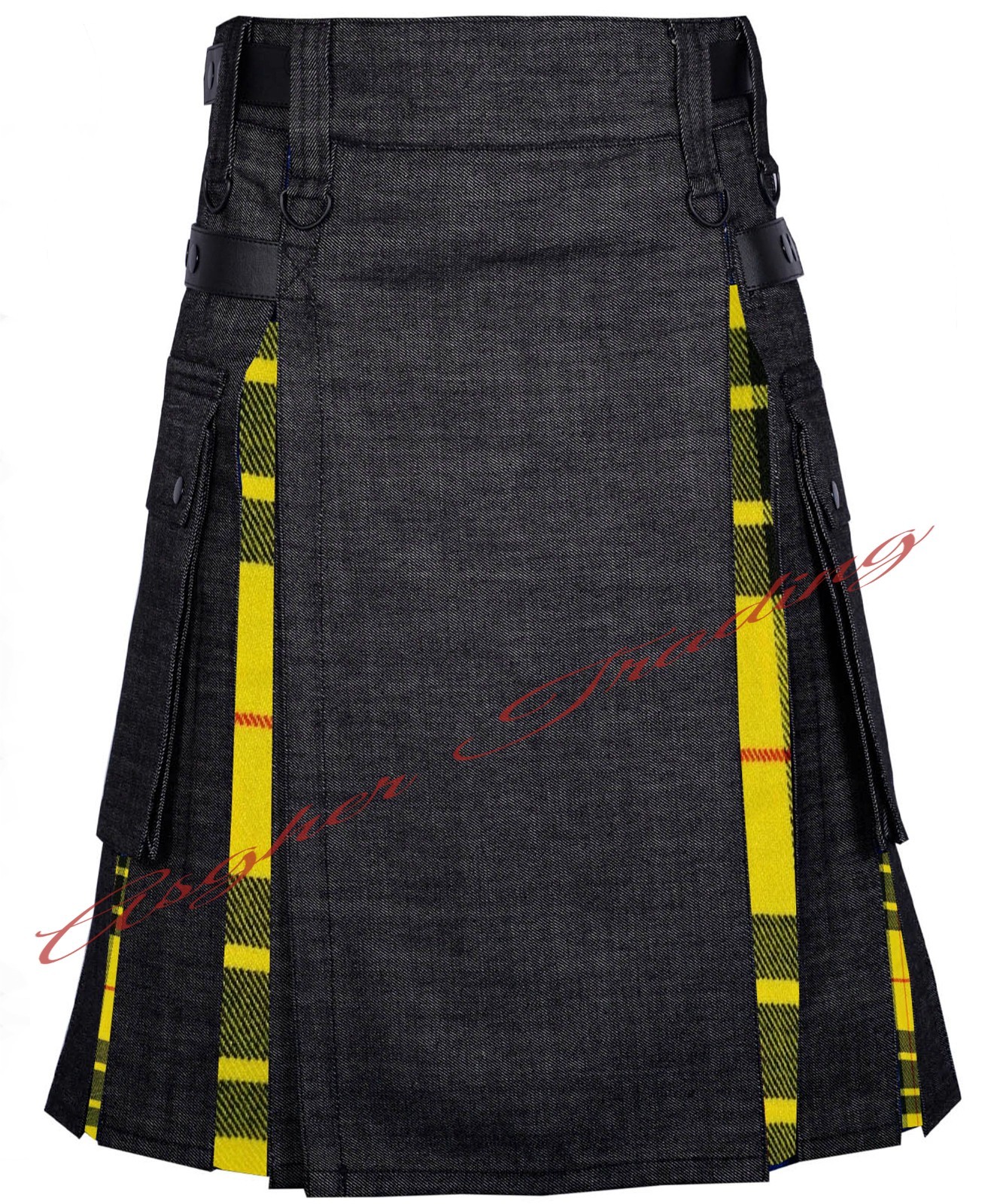 Scottish Black Denim With MacLeod of Lewis Tartan Hybrid Utility Kilt For Men