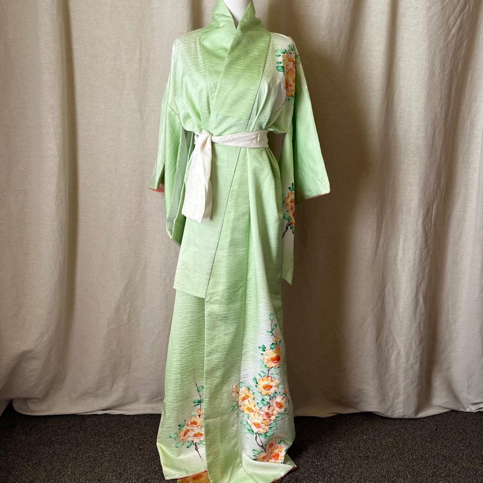 Hand Painted Silk Kimono Mint Green Peony Uchikake Long 63″ OS