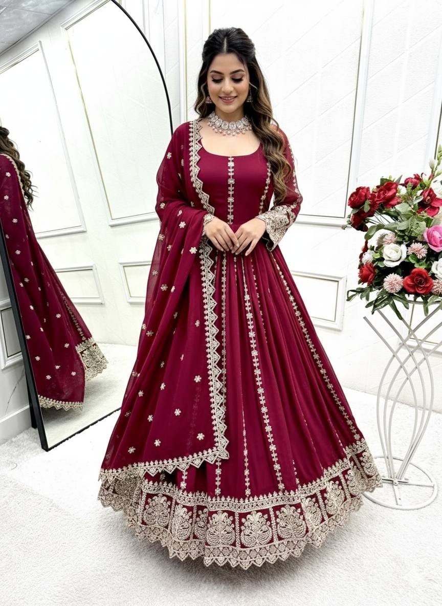 Exclusive Pure Georgette Maroon Gown Bottom With Dupatta For Wedding Wear