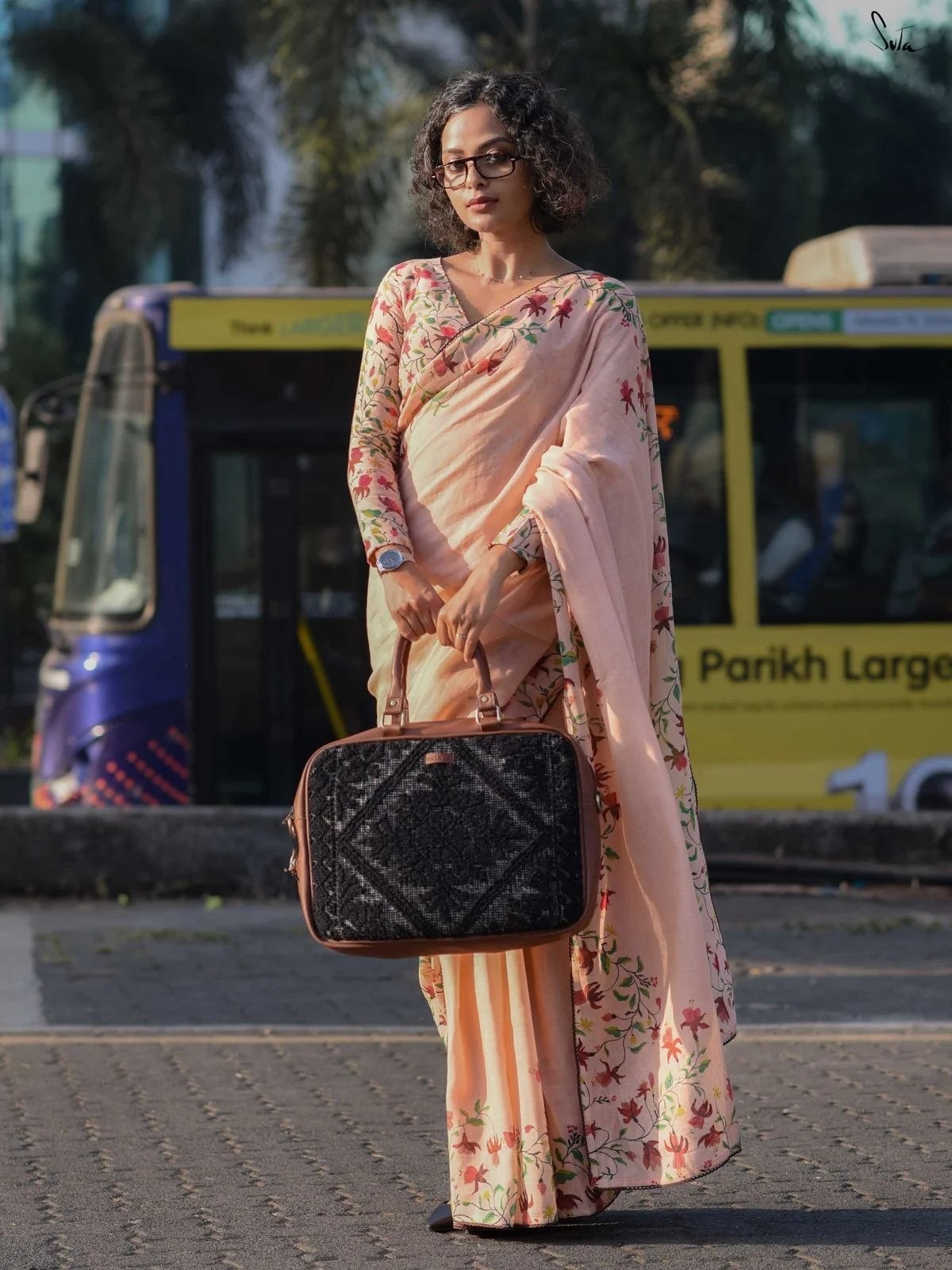Plain Linen Saree Digital Floral Print Soft Linen Blouse Indian Casual Wear Sari