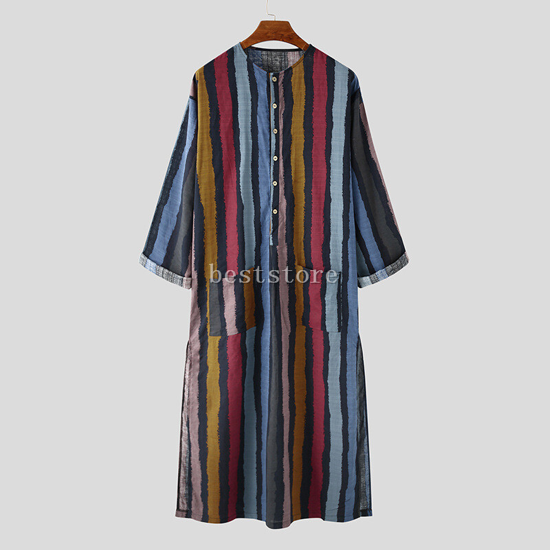 Men’s Muslim Clothing Long Sleeve Islamic Saudi Arab Kaftan Robe Striped Cotton