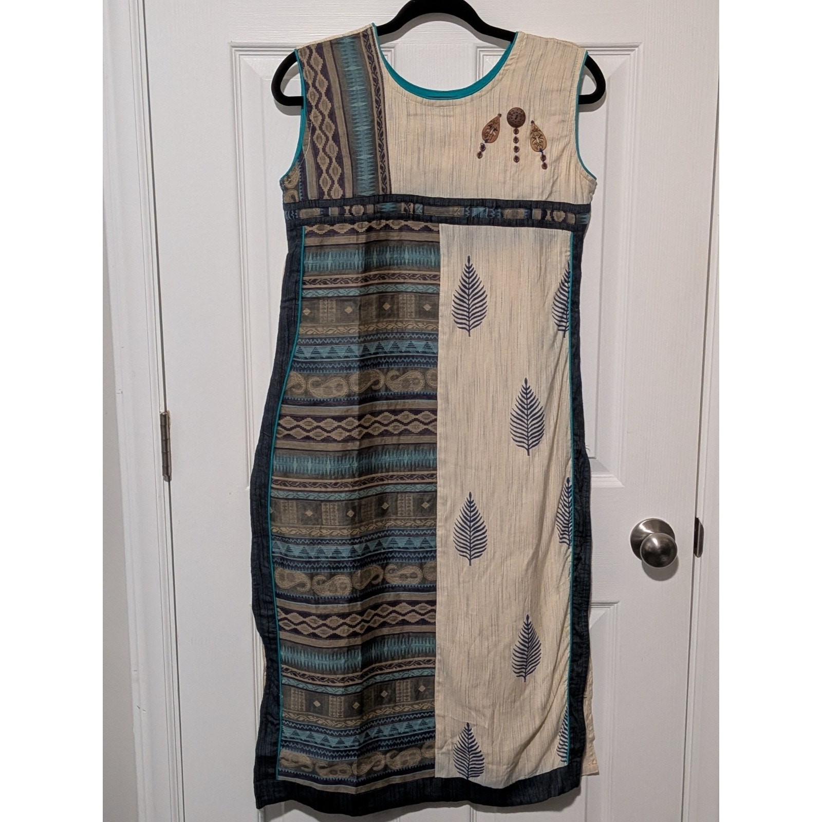 Boho Mixed Print Sleeveless Kurta Tunic Dress Indigo Cream Large Geometric Leaf