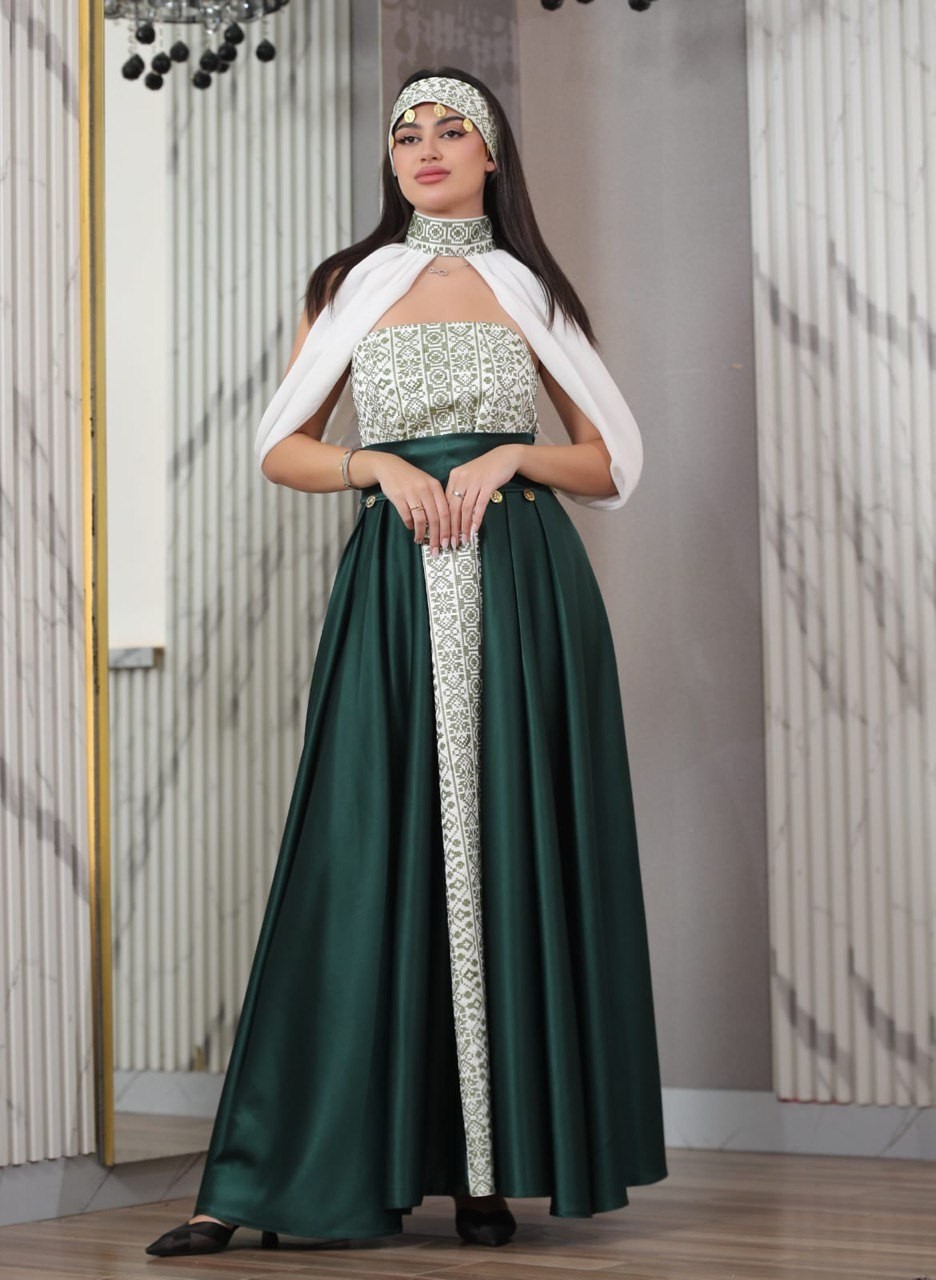 Women Palestinian Embroidered Thobe Dress Off Shoulder Satin Details & Headband