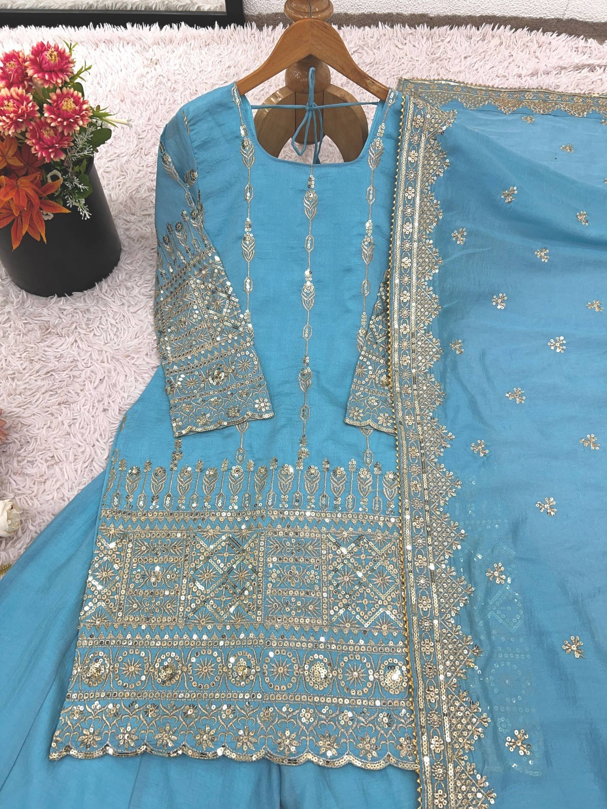 Presenting New Designer Vichitra Silk Kurta Palazzo With Dupatta For Party Wear