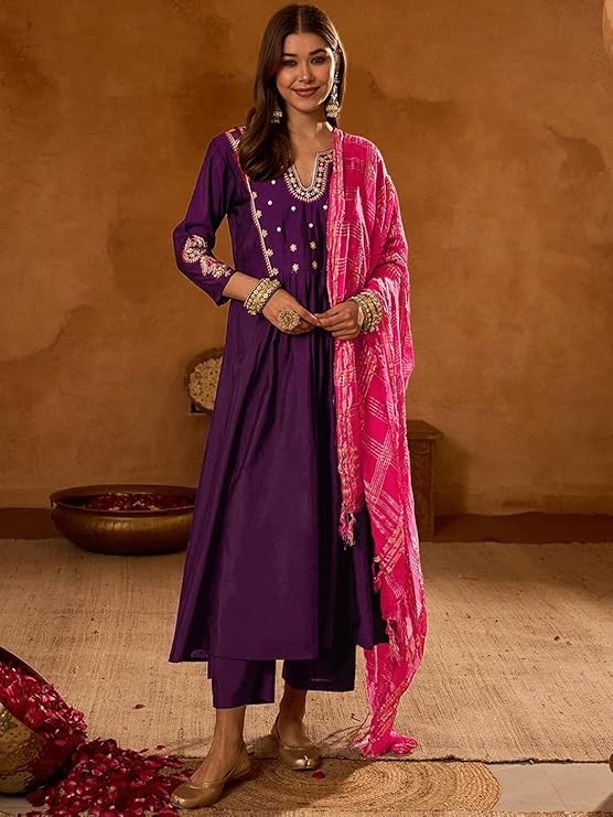 Women Purple Plus Size Embroidered Indian Rayon Kurta Top & Trouser With Dupatta