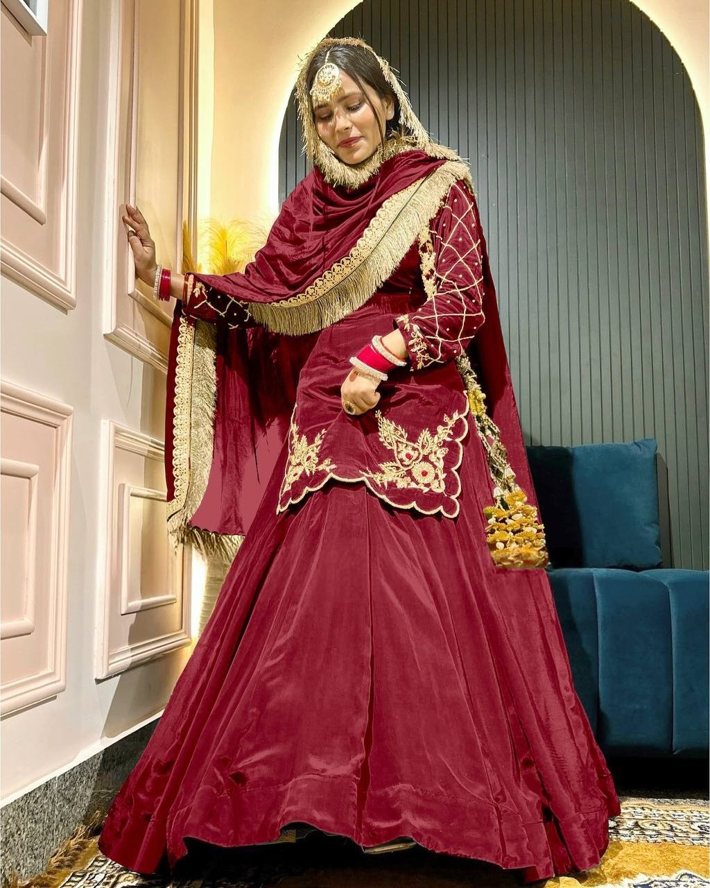 Designer Maroon Anarkali Gown Silk Readymade Embroidered Wedding Party Wear Set