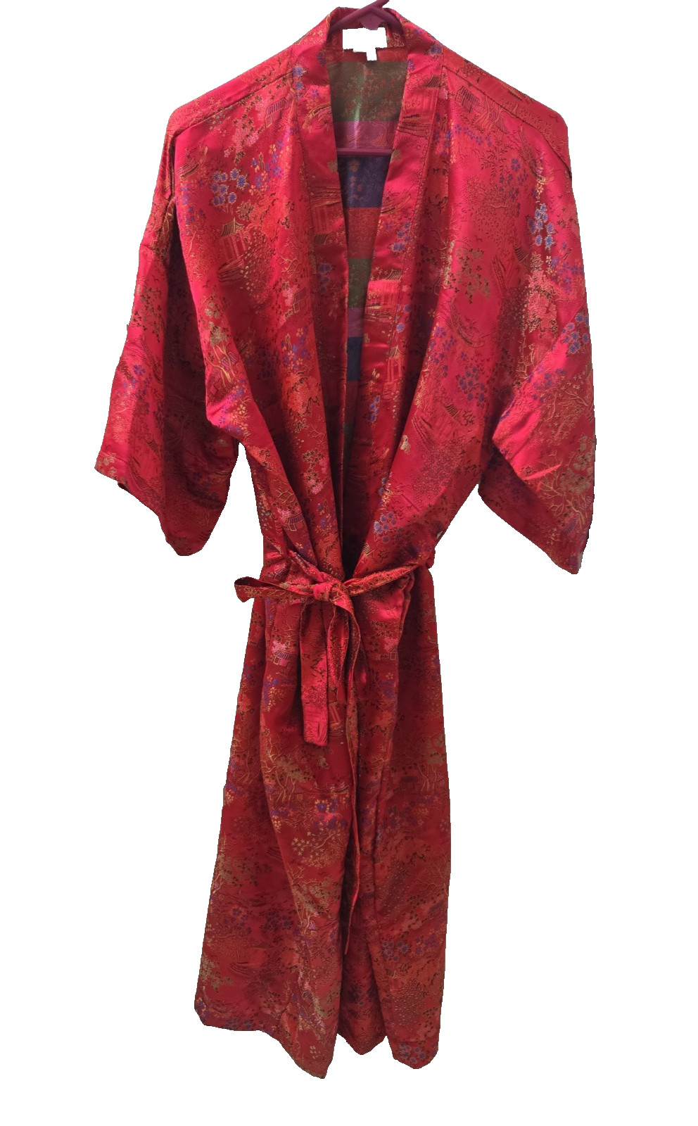 Double Peach Long Heavy Silk Red Gold Jacquard Oriental Kimono Robe Belt O/S