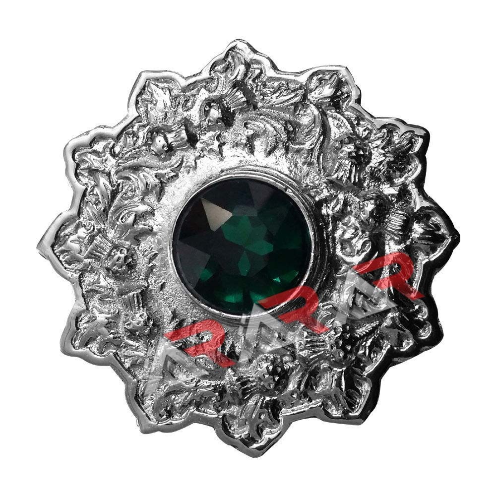 Scottish Kilt Brooch Fly Plaid Highland Thistle Emblem Sea Green Stone 4″ AAR