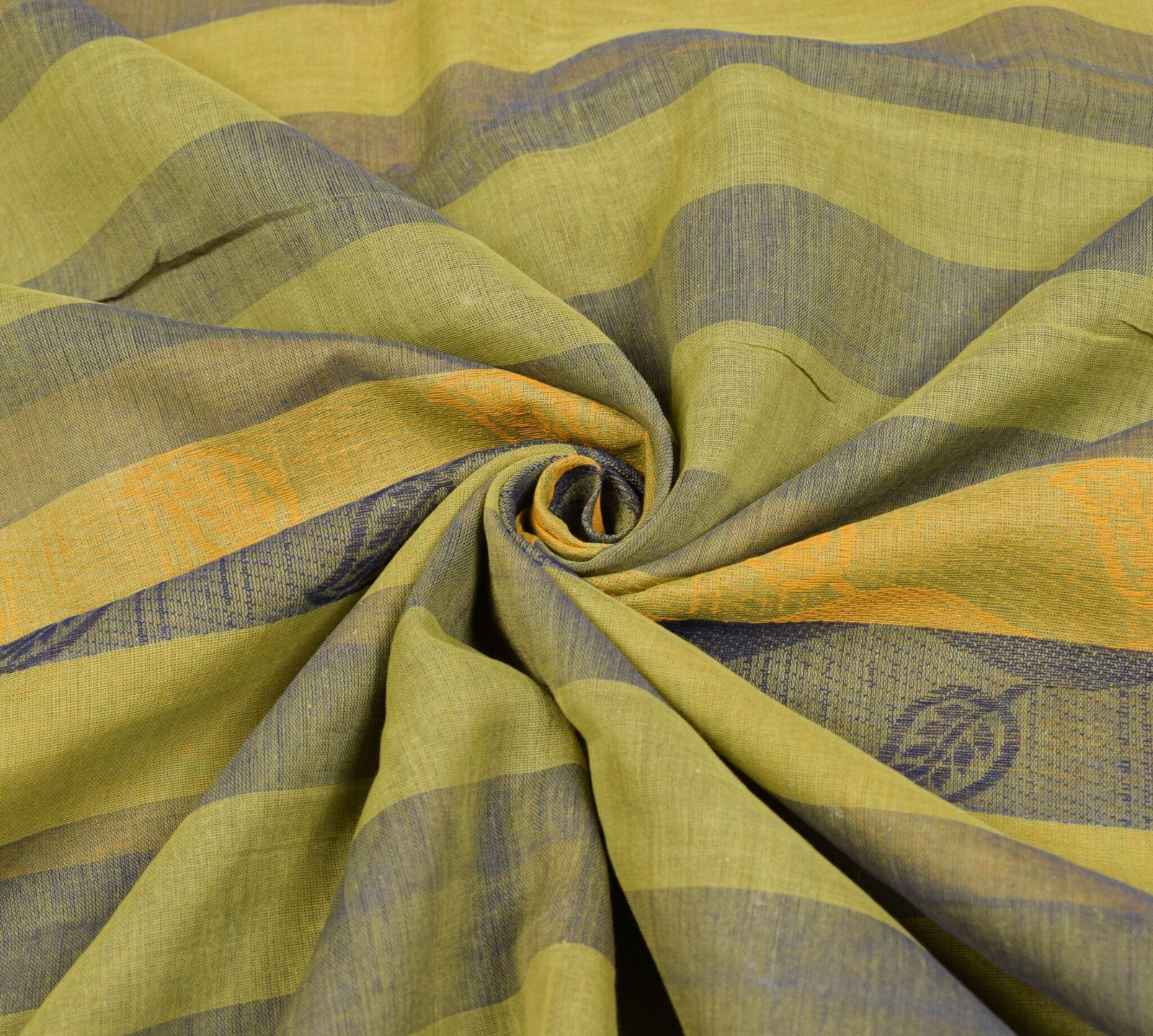 Sushila Vintage Pure Handloom Cotton Saree Yellow Blue Leaves Woven Sari Fabric