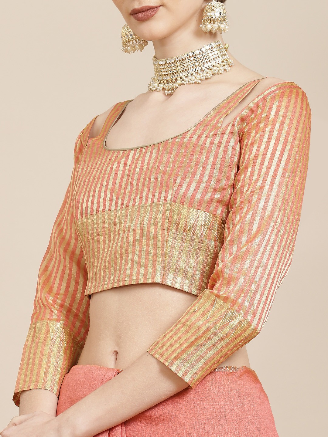 Women’s Coral & Golden Woven Design Saree free size