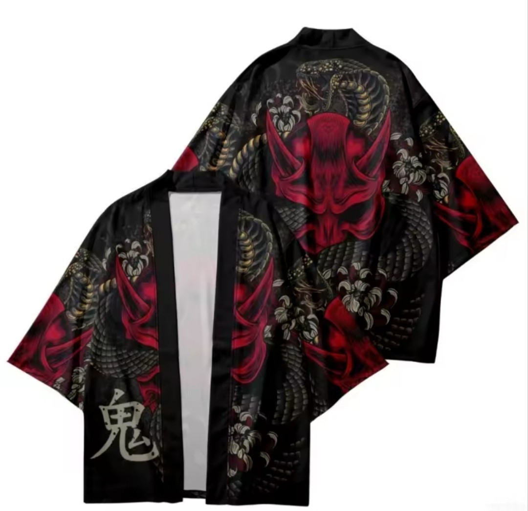 Japanese Kimono Cardigan Oni Devil Demon Print Streetwear Yukata Haori Yukata