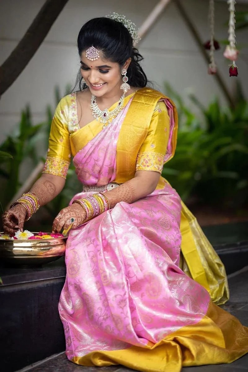 Indian Wedding Pink Yellow Soft Lichi Silk Saree Bollywood Bridal pakistani sari