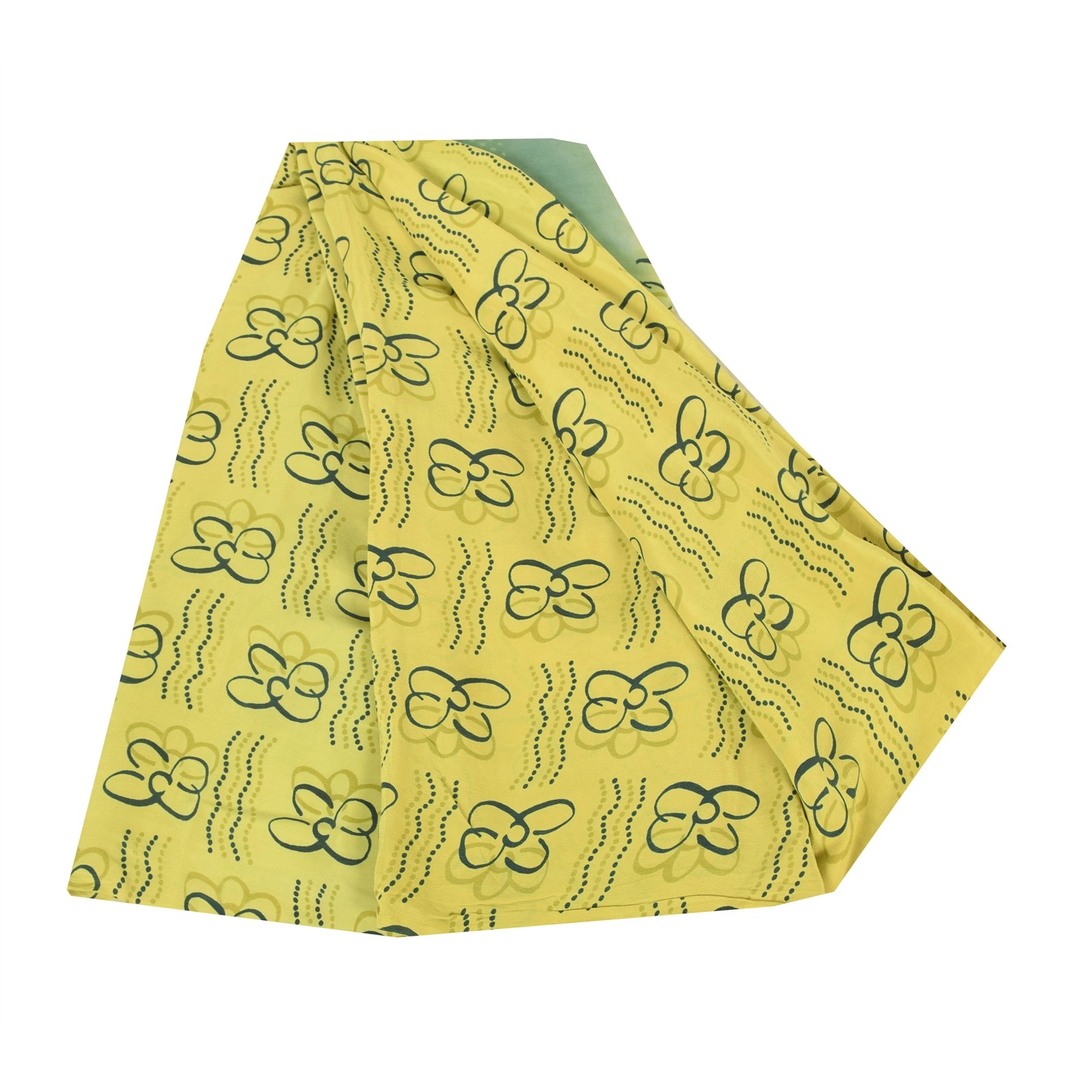 Sanskriti Vintage Saree Lemon Yellow Pure Crepe Silk Printed Sari 5.5+Yd Fabric