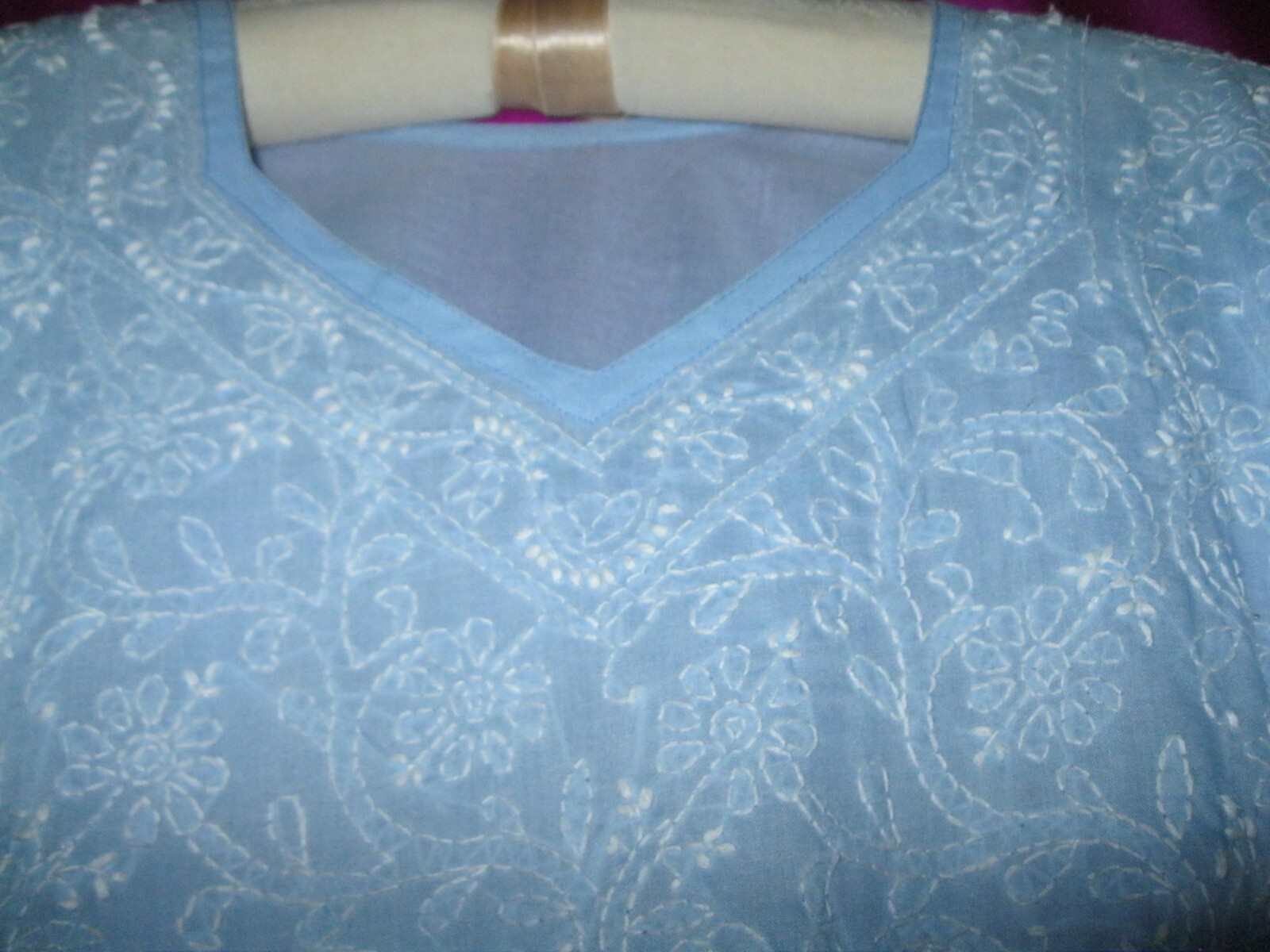 LONG, BLUE COTTON TRADITIONAL DRESS FROM INDIA,W/ WHITE HAND STITCHING, SZ. M.