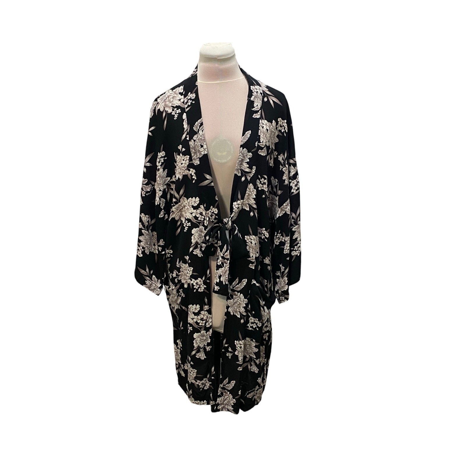 SPIRITUAL GANGSTER Maya Tie Front Kimono ONE SIZE Floral Black White Robe Flowy