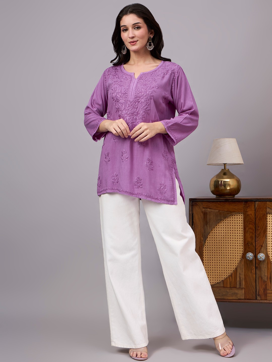 Women’s Rayon Chikankari Short Kurta Lavender, Lucknowi Chikankari, Handwork