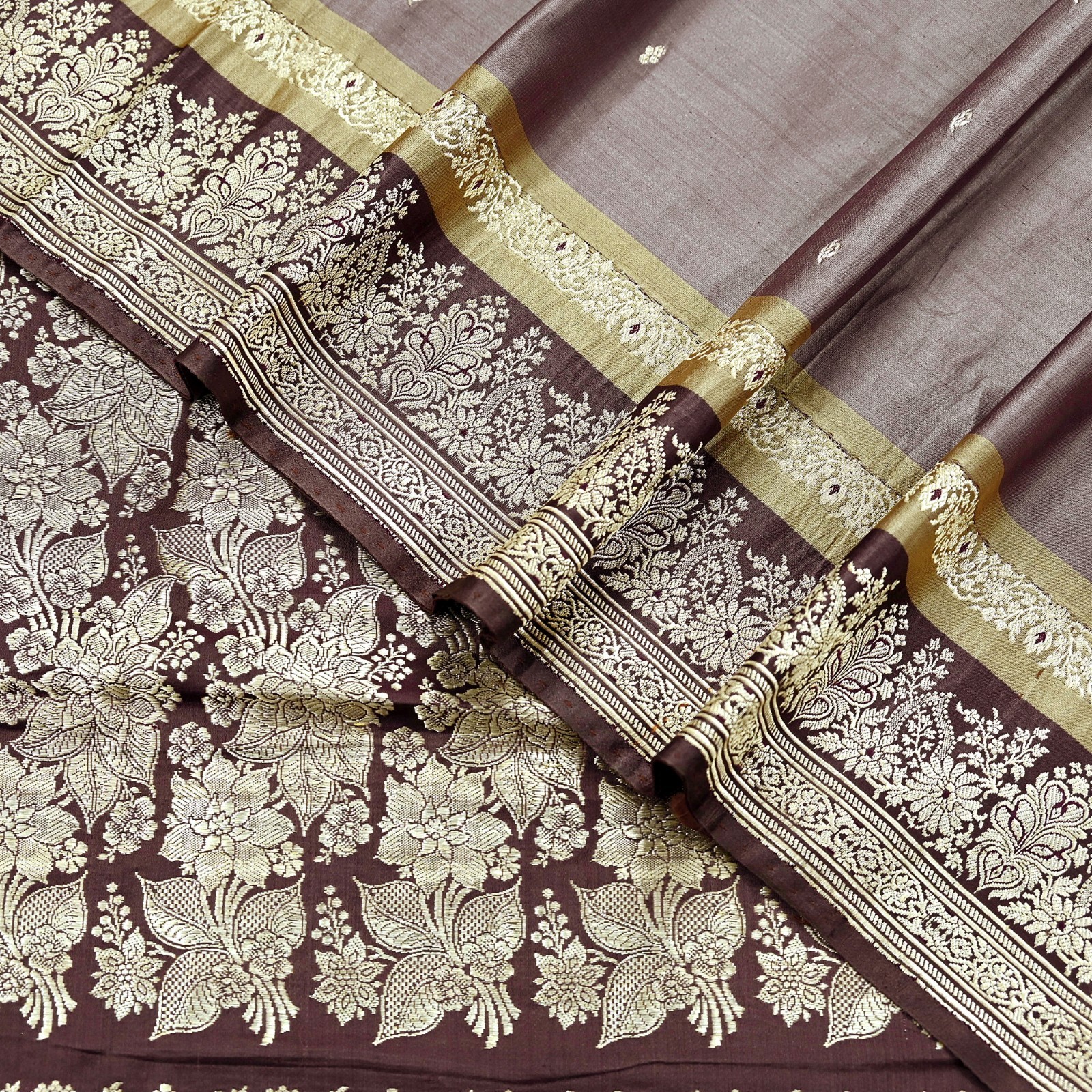 Vintage Sari Brown Heavy Pure Satin Silk Woven Banarasi Brocade Saree 5YD zari