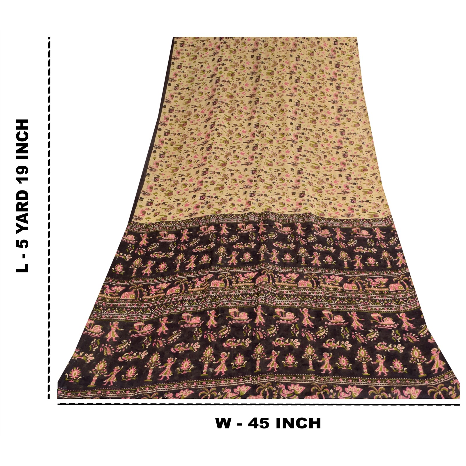 Sanskriti Vintage Sarees Ivory Pure Cotton Animal Human Printed Sari 5+Yd Fabric