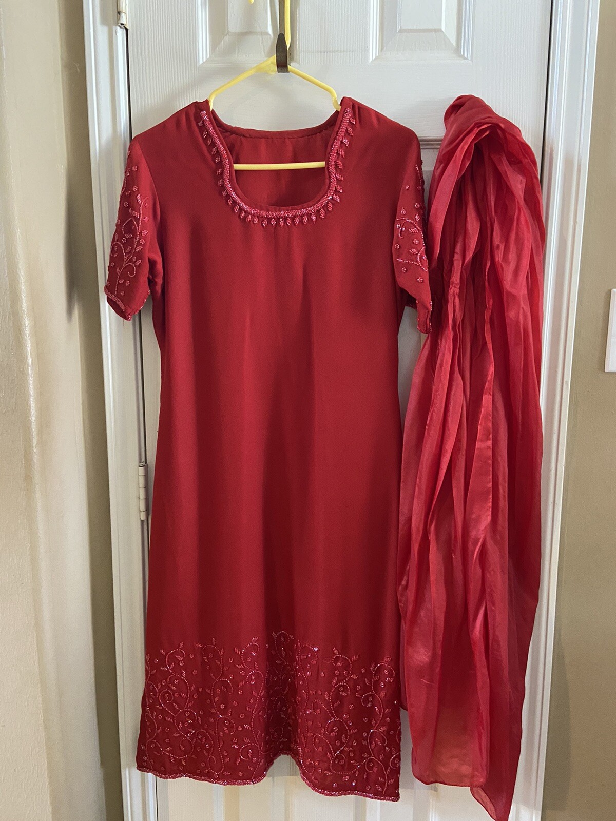 Indian Pakistani Women Red Sequins / Moti Work Party Wear Suits