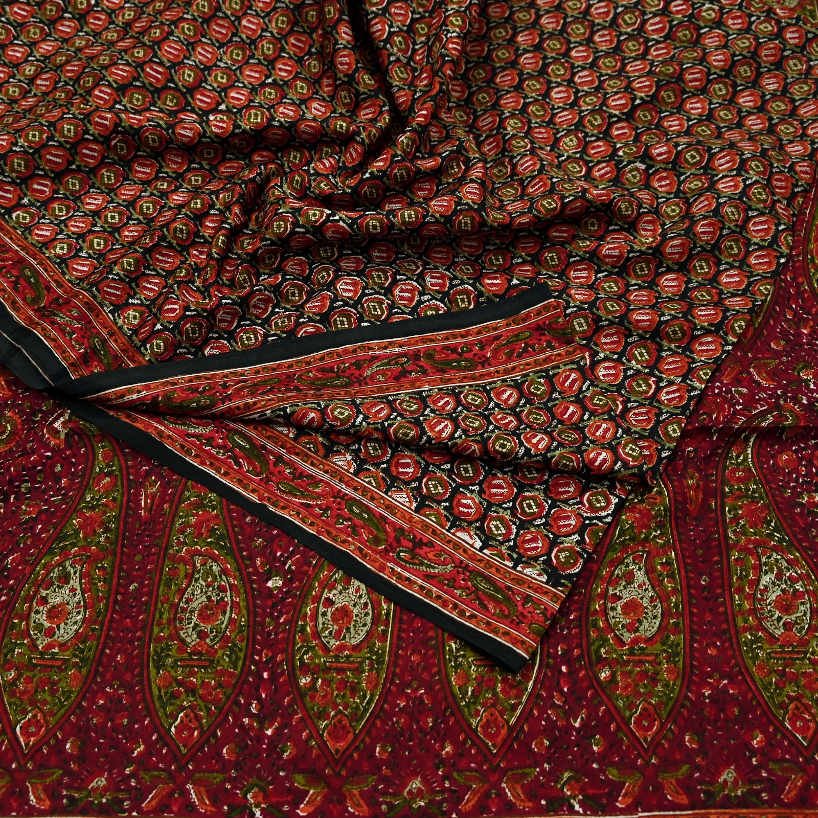 Vintage Sari Black & Maroon Pure Silk Printed Sarees 6yd Craft Fabric Sewing