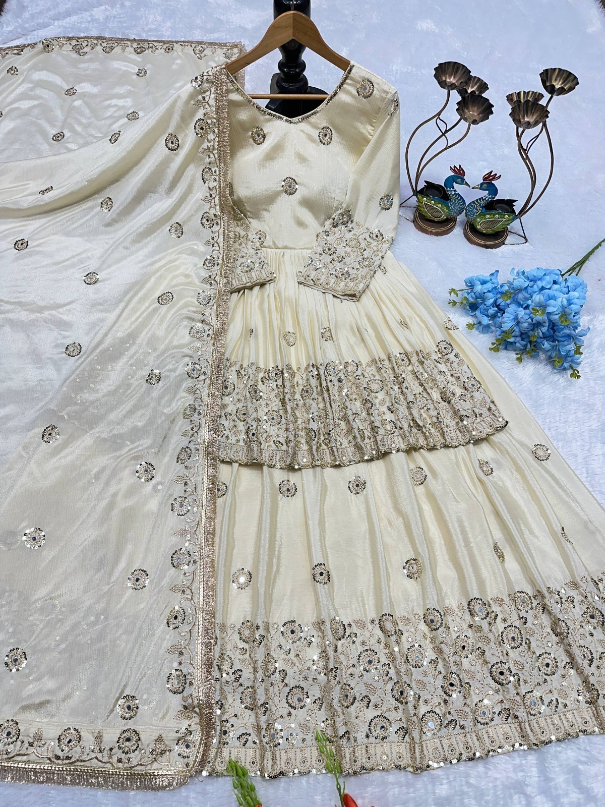 Ethnic Designer Off White Chinnon Silk Top Lehenga With Dupatta For Women