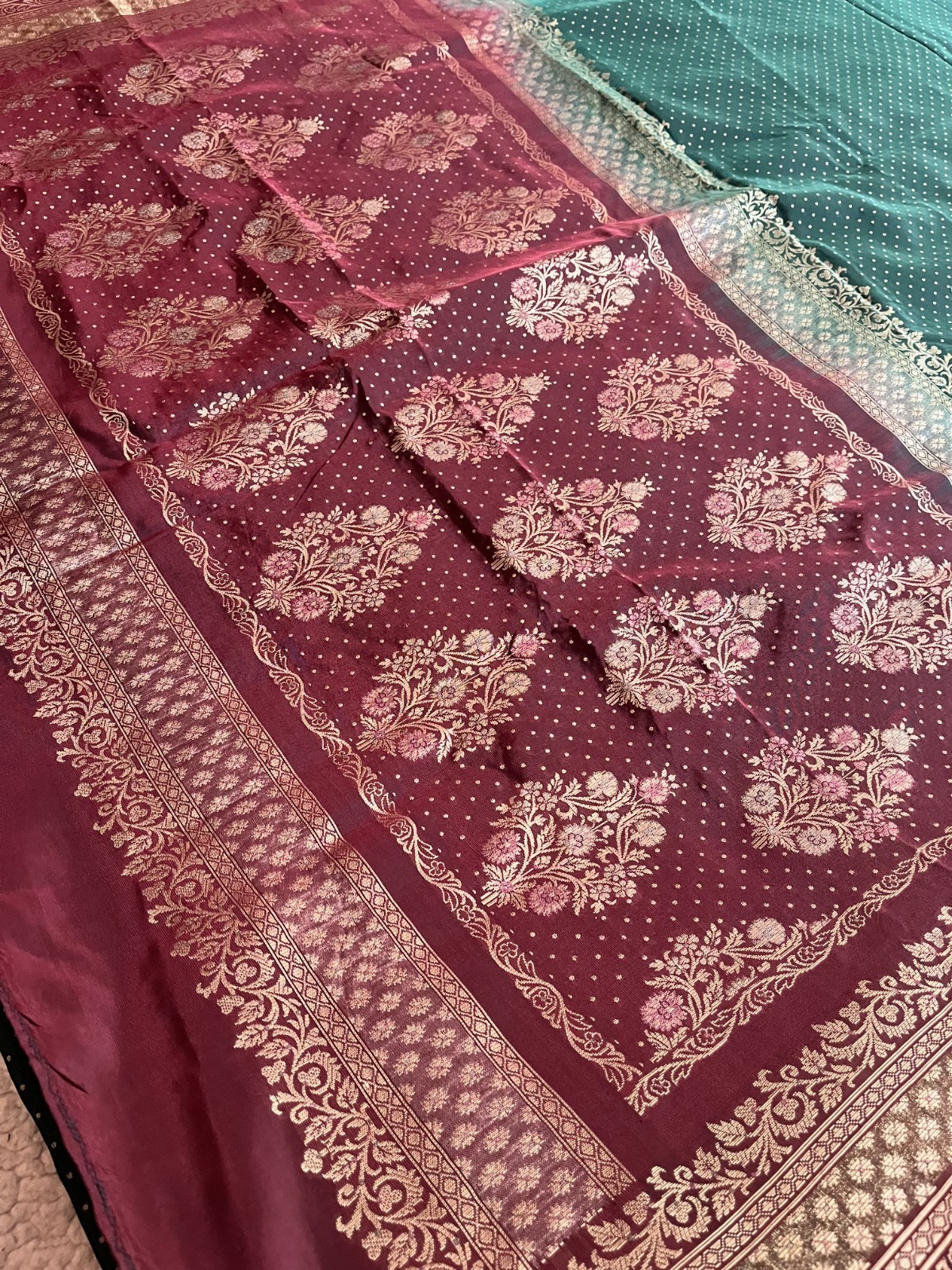Women Pure Silk Bottle Green & Wine Banarasi Saree with Zari Butis & Blouse