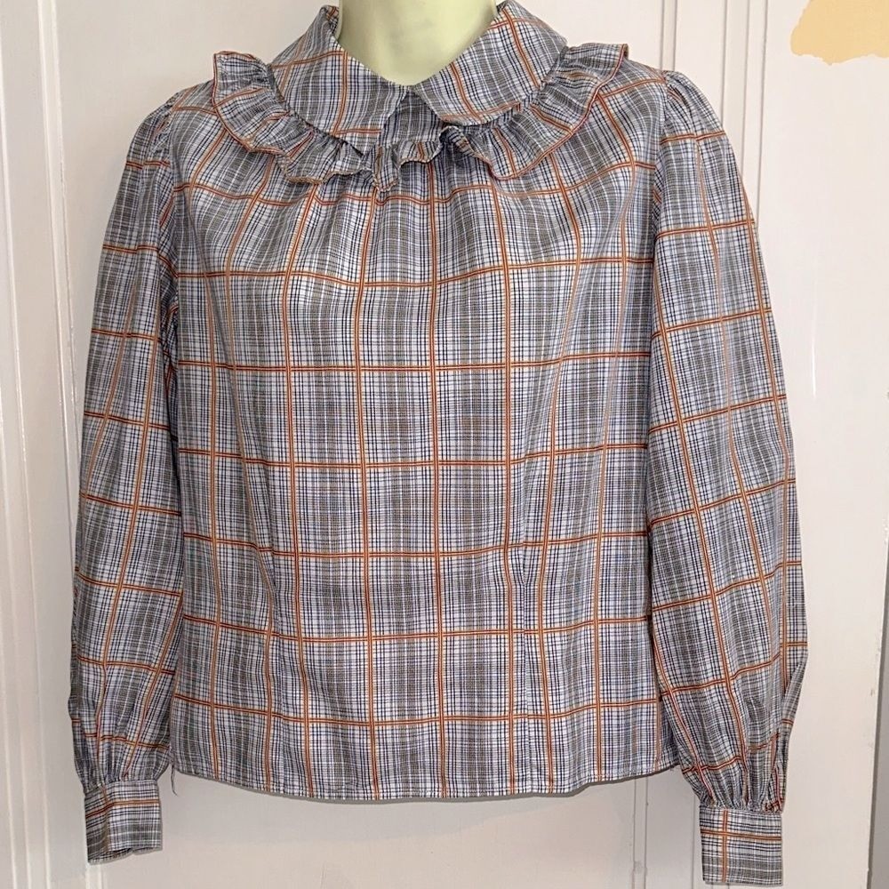 Vintage 70s/80s Handmade Prairie Look Plaid Ruffle Neck Collar Blouse