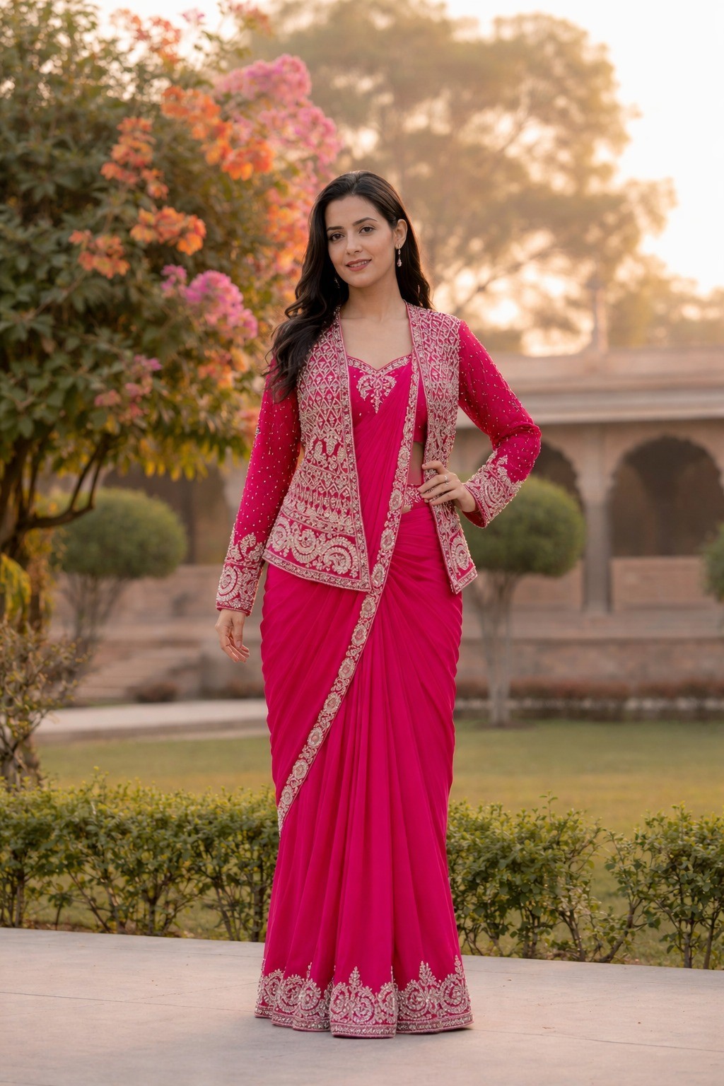 Crepe Silk Saree with Jacket Koti Embroidery Sequins Work Belt Wedding Wear